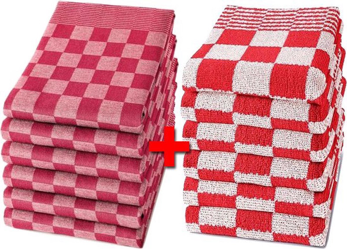 Bol.com Slaaptextiel HORECA Theedoeken en Keukendoeken Set - 6 Theedoeken - 6 Keukendoeken - Horecakwaliteit - Geblokt - Rood aanbieding