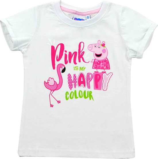 Peppa Pig Shirt - Korte mouw - Wit - Pink is my happy colour - Maat 110/116