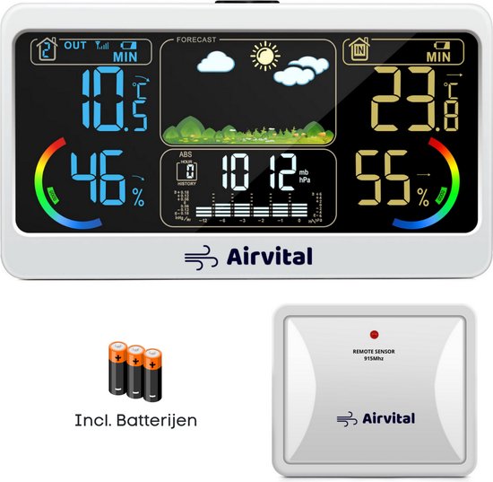 Airvital Weerstation voor binnen en buiten - draadloos - oplaadbare buitensensor met 60m bereik - weersvoorspelling - binnen en buitentemperatuur - barometer
