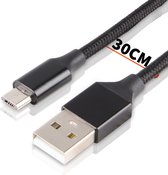 Korte Micro-USB naar USB-A Kabel - Oplaad Snoer - Kort - 30 Centimeter - Nylon Gevlochten