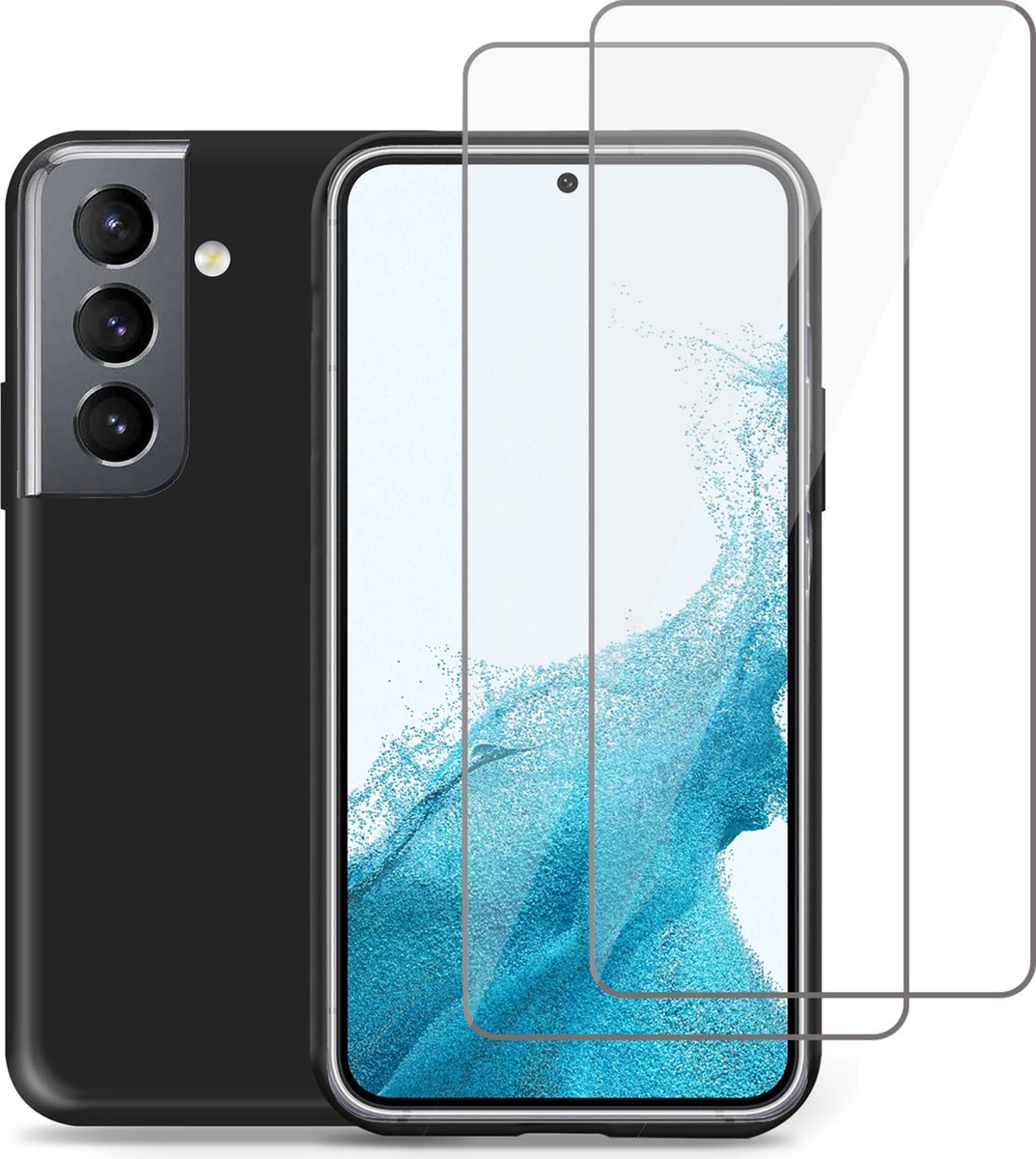 Geschikt voor Samsung S22 Hoesje + 2x Screenprotector – Gehard Glas Cover - Suède Case Zwart