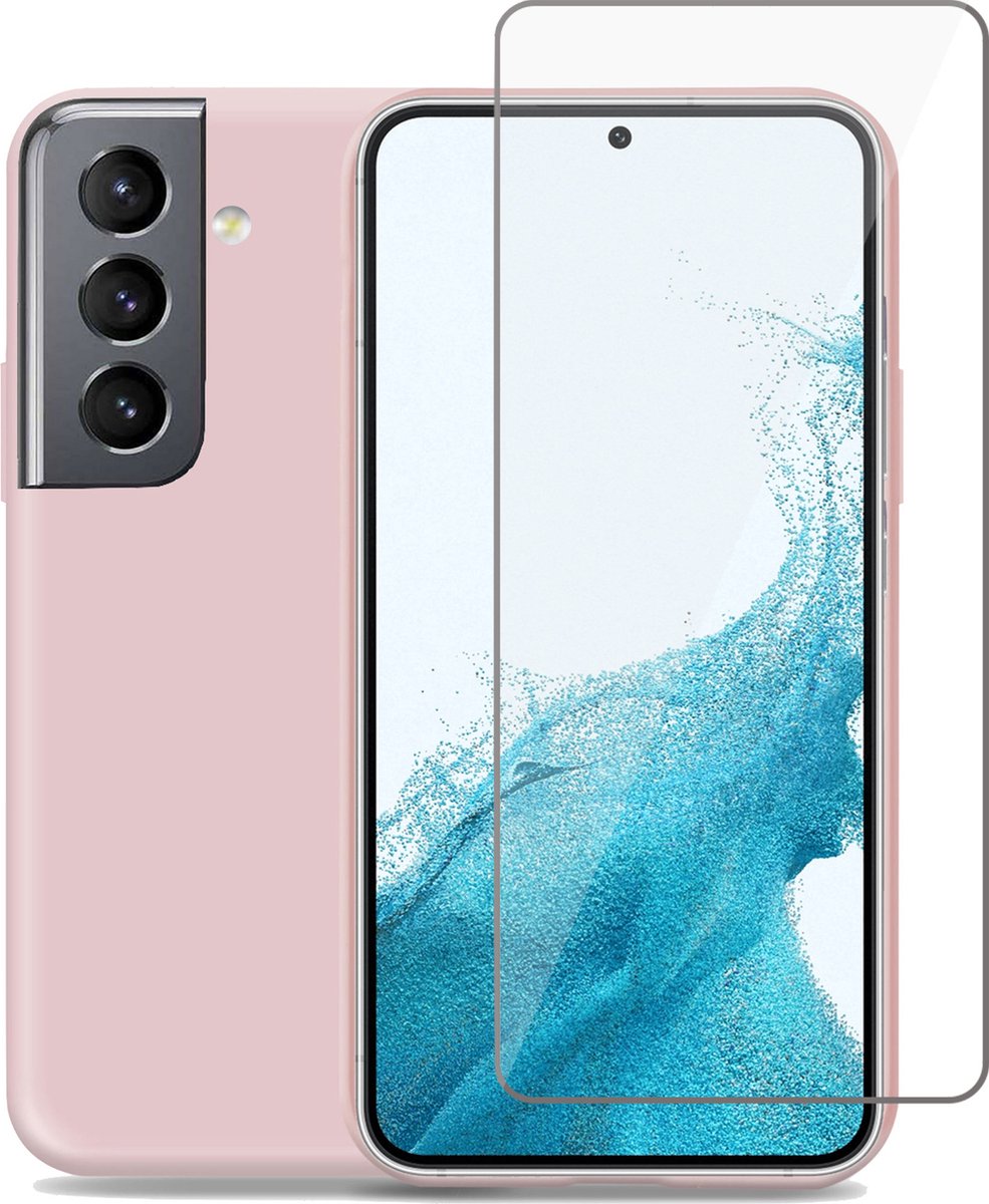 Geschikt voor Samsung S22 Hoesje + Screenprotector – Gehard Glas Cover - Suède Case Rose