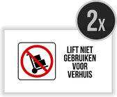 Stickers | Pictogram | 2 stuks | "Lift niet gebruiken voor verhuis" | Verhuizingen | Conciërge | Syndicus | Veiligheid | Verhuislift  | 10 x 5 cm | Permanente lijm