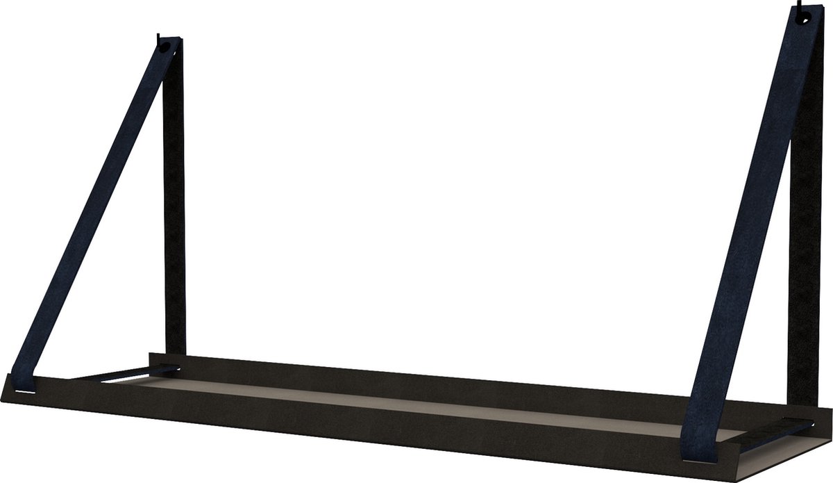 Handles and more - Stalen wandplank zwart 70cm + leren plankdragers | Navy