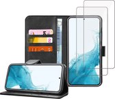 Samsung S22 Book Case Hoesje - 2x Samsung S22 Screenprotector - Flip Portemonnee Zwart met Screen Cover Tempered Glas