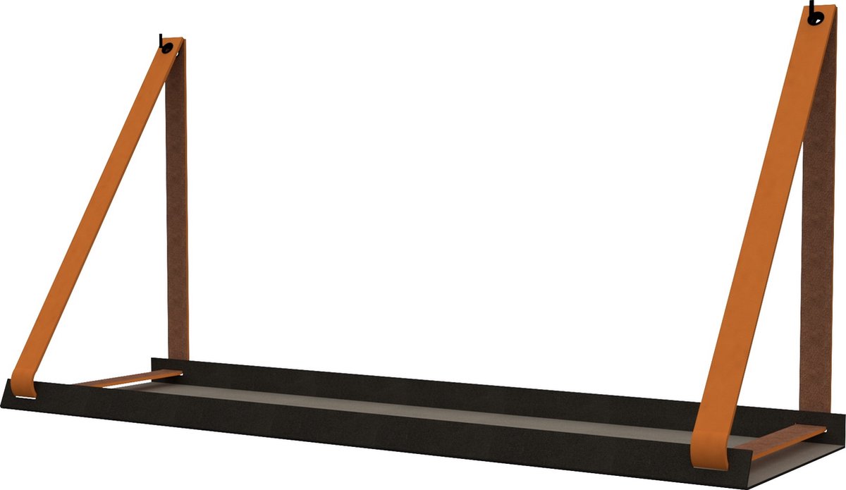 Handles and more - Stalen wandplank zwart 70cm + leren plankdragers Oranje