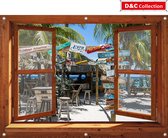 D&C Collection - tuinposter - 130x95 cm - doorkijk - bruin venster - luxe uitvoering - beachbar tropisch strand Curacao - tuin decoratie - tuinposters buiten - schuttingposter - tu