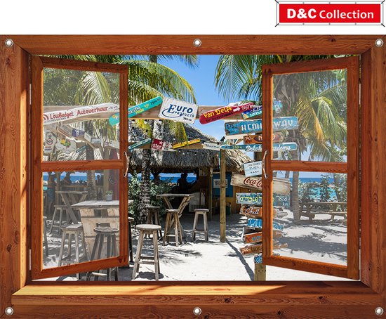 D&C Collection - tuinposter - 130x95 cm - doorkijk - bruin venster - luxe uitvoering - beachbar tropisch strand Curacao - tuin decoratie - tuinposters buiten - schuttingposter - tuindoek