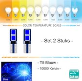 2x T5 CANBus Led Lamp set 2 stuks | Blauw | 240LM | 10000K | 12V | 4 SMD 3030 | Verlichting | W3W W1.2W Led Auto-interieur Verlichting Dashboard Warming Indicator Wig auto Instrume