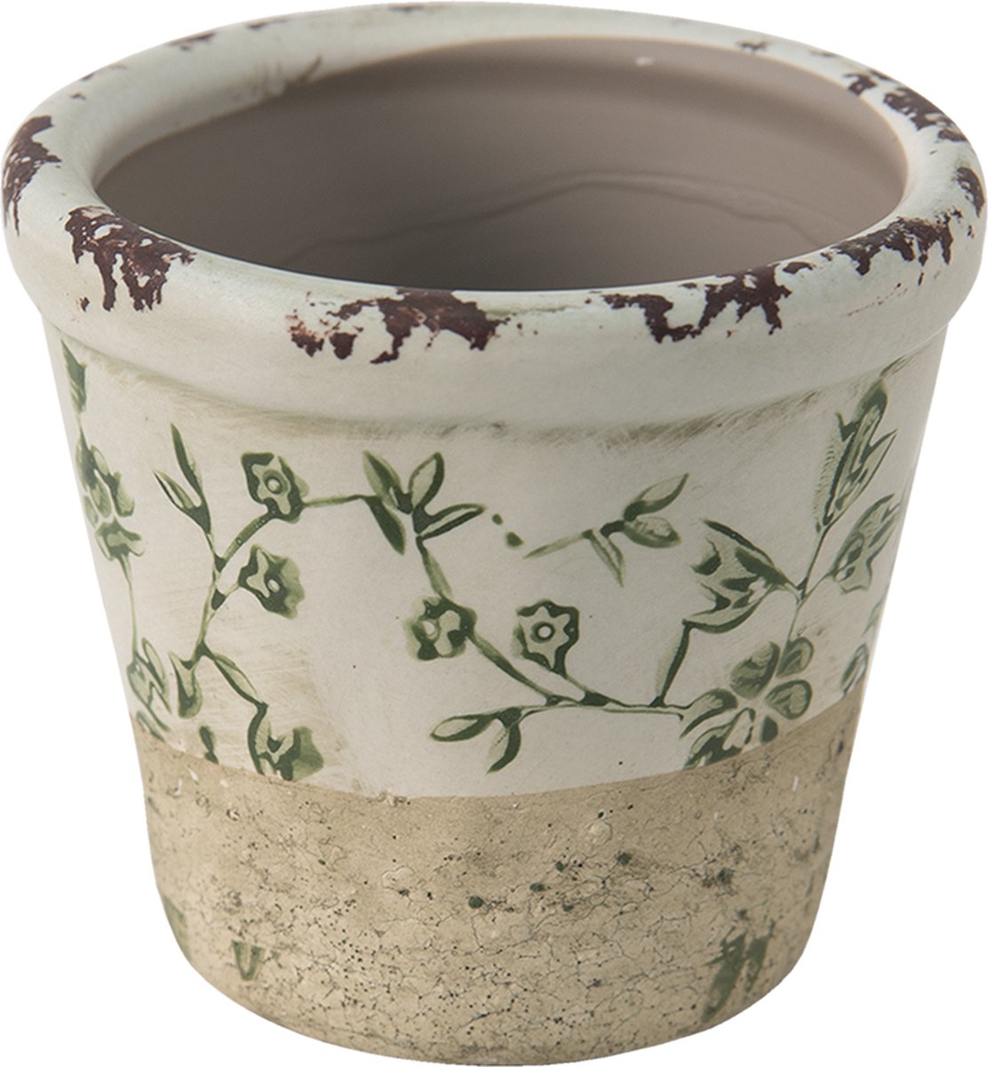Clayre & Eef Bloempot Ø 8x7 cm Groen Wit Keramiek Bladeren