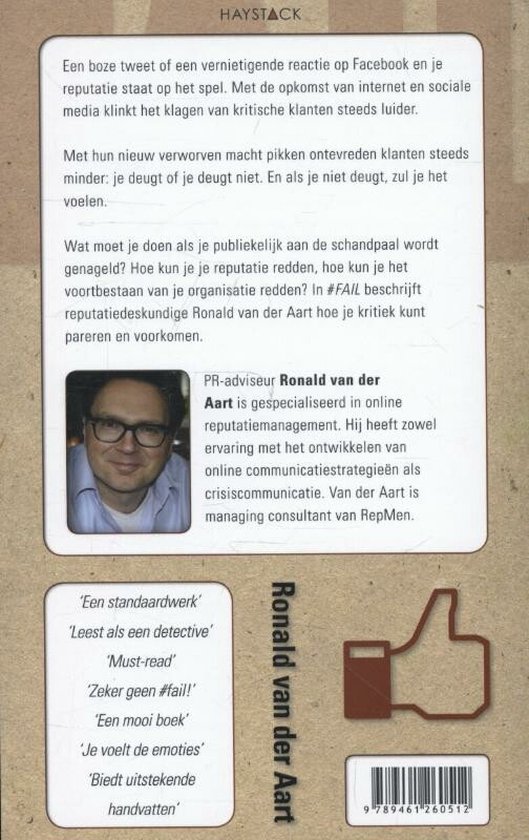 Achterkant boek met portret van Ronald van der Aart, een duim omhoog-icoon en barcode.