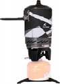 Gemonteerde kampeer kookset 'Fire Maple Star X2' met pot, brander en gasfles, in zwart-witte camouflagekleuren.