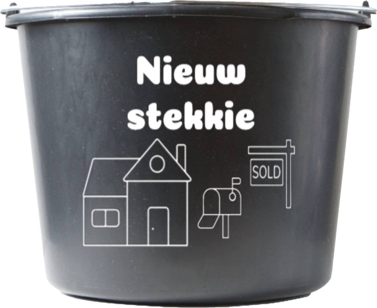 Goedkoopste Cadeau emmer – 12 liter – zwart – met tekst Nieuw stekkie