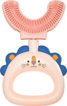 360 graden - U vormige baby tandenborstel - Roze Leeuw Design - 2 in 1 Tandenborstel en Bijtring / Teether - Zachte siliconen - Kinderen tandenborstel - Jongen/Meisje