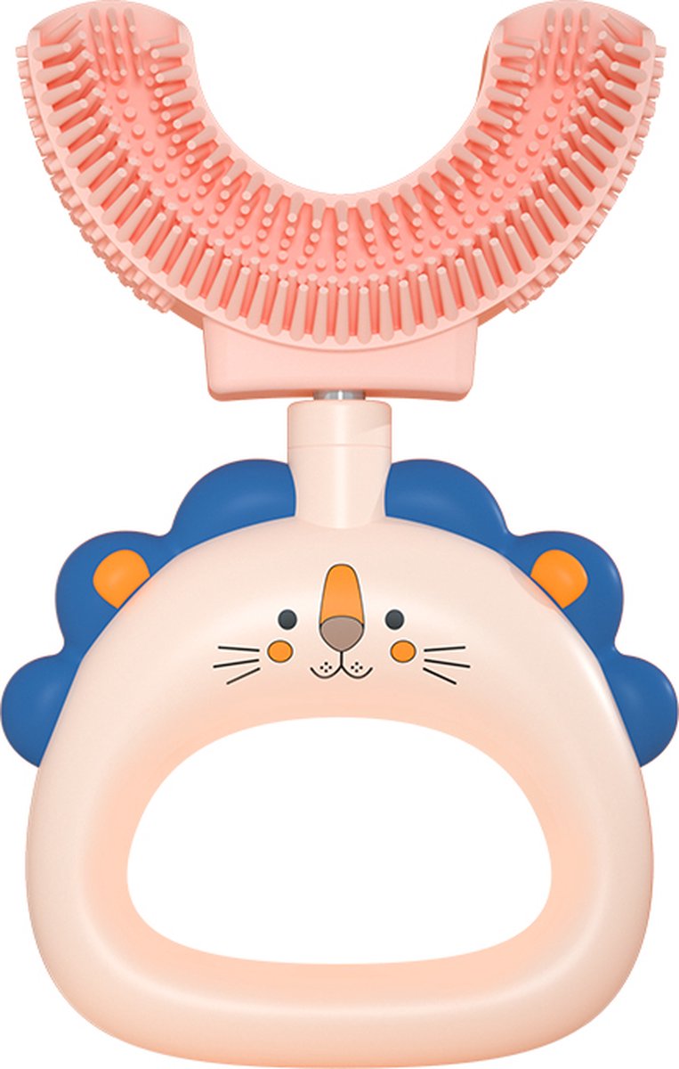 360 graden - U vormige baby tandenborstel - Roze Leeuw Design - 2 in 1 Tandenborstel en Bijtring / Teether - Zachte siliconen - Kinderen tandenborstel - Jongen/Meisje