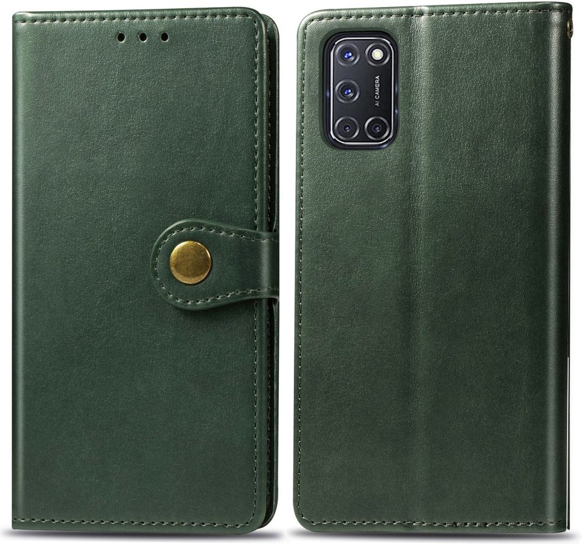 Mobigear Telefoonhoesje geschikt voor OPPO A52 Hoesje | Mobigear Snap Button Bookcase Portemonnee | Pasjeshouder voor 3 Pasjes | Telefoonhoesje voor Pinpas / OV Kaart / Rijbewijs - Groen