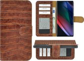 Hoesje Oppo Find X3 Neo - Bookcase - Oppo Find X3 Neo Wallet Book Case Echt Leer Croco Kaneelbruin Cover