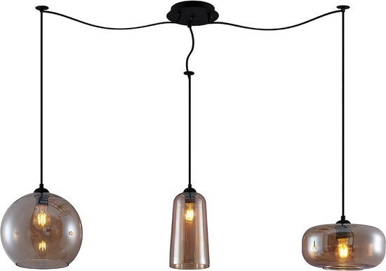 Koyoto hanglamp, metaal/glas hanglamp in zwart/amber, retro design met glazen kappen (2 x 15 cm; 20 cm; 25 cm; 30 cm), hoogte max. 173 cm, 5 lampen, E27, exclusief gloeilampen