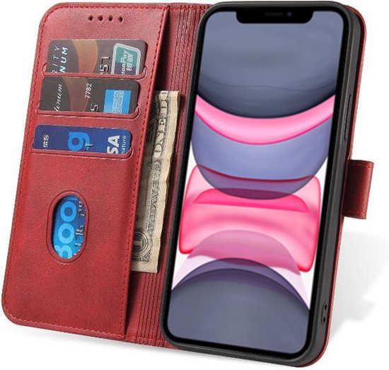 Rode telefoonhoes in boekstijl, open met iPhone 11, met kaarthouders en geldvak.