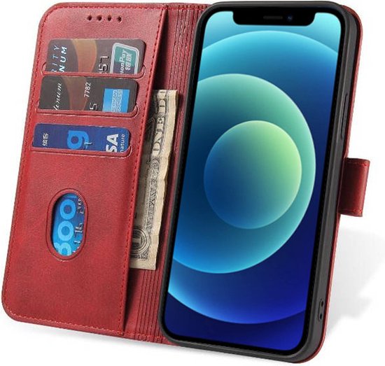 Geschikt voor iPhone 12 Mini Telefoonhoesje Kunstleer met Magnetisch lipje en Pasjeshouder Book Case met Klepje - Rood - Smartphonica geschikt voor iPhone 12 Mini