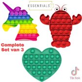 ESSENTIALS73 Fidget Pop It Set van 3: Unicorn Regenboog + Hart Groen + Kreeft - TikTok - Heart - Rainbow