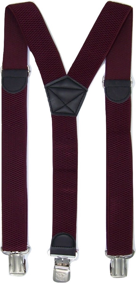 Flores Lederwaren - Heren - Dames Bretels – 3 brede stalen clips bretel - Unisex volwassenen -Motorrijders – Spijkerbroek – Beroepskleding – Skikleding – Kleur: Bordeaux.