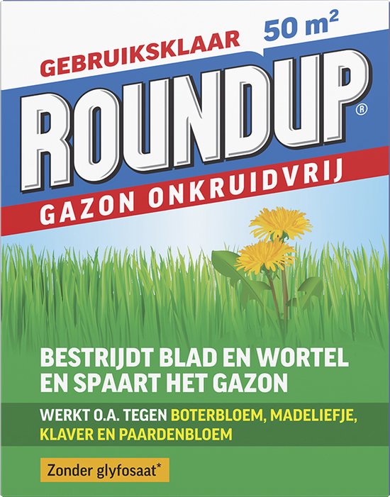 ROUNDUP® Gazon Onkruidvrij 1kg - Bestrijdt blad en wortel en spaart het gazon - Werkt tegen o.a. botterbloem, madeliefjes, klaver en paardenbloem