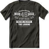 45 Jaar Legend T-Shirt | Zilver - Wit | Grappig Verjaardag en Feest Cadeau | Dames - Heren - Unisex | Kleding Kado | - Donker Grijs - S