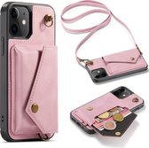 iPhone 12 & iPhone 12 Pro Casemania Hoesje Pale Pink - Luxe Back Cover met Koord - Wallet Case - Pasjeshouder
