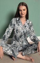 Seamlife Homewear - Luxe Dames Pyjama Set - Maat (S) - 100% Biologisch Katoen Satijn - Lange Mouwen - Donkergrijs Flowers