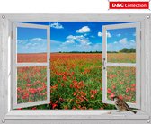 D&C Collection - tuinposter - 90x65 cm - doorkijk - wit luxe venster klaprozen veld en blauwe lucht - mus - voer - tuin decoratie - tuinposters buiten - schuttingposter - tuinschil