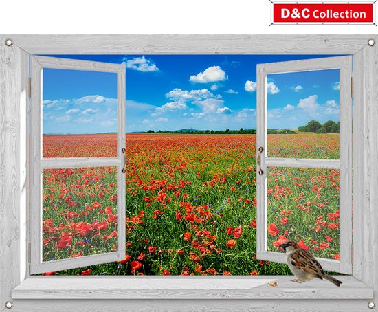 D&C Collection - tuinposter - 90x65 cm - doorkijk - wit luxe venster klaprozen veld en blauwe lucht - mus - voer - tuin decoratie - tuinposters buiten - schuttingposter - tuinschilderij