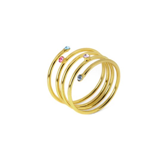 Cadeau voor haar - Victoria Cruz A3581-MDA-56 Zilveren Ring - Dames - Kristal - Multi Kleuren - Spiraal - Maat 56 - 13 mm Breed - Zilver - Gold Plated (Verguld/Goud op Zilver)