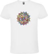 Wit T-shirt met Grote Mandala in alle regenboog kleuren size L