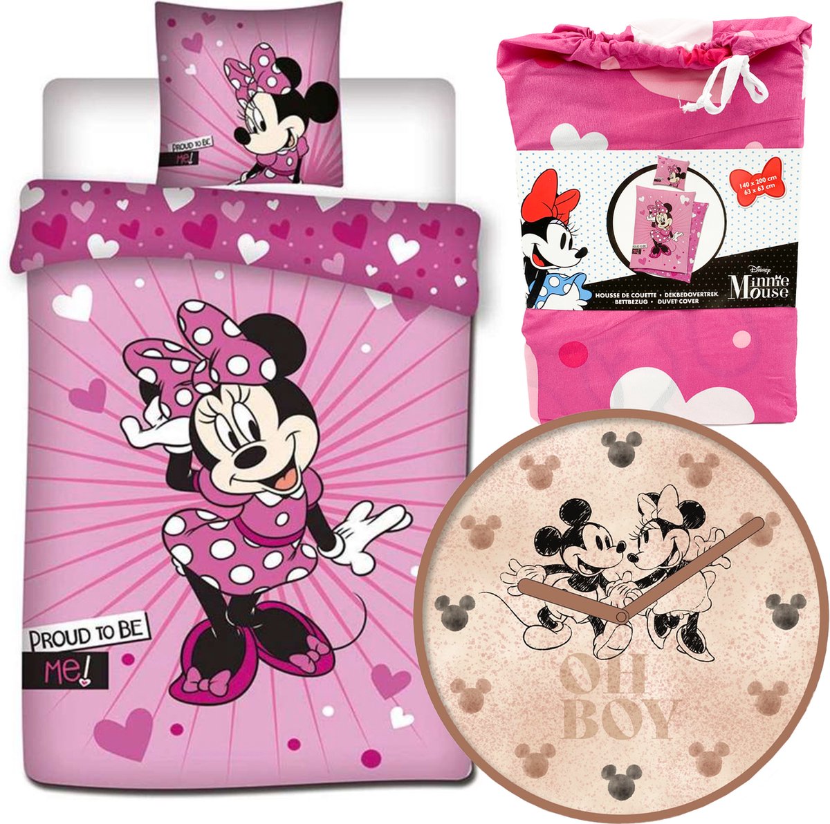 Disney Minnie Mouse Proud - Dekbedovertrek - Eenpersoons - 140 x 200 cm - Polyester- Roze , incl. wandklok Disney- Mickey en Minnie
