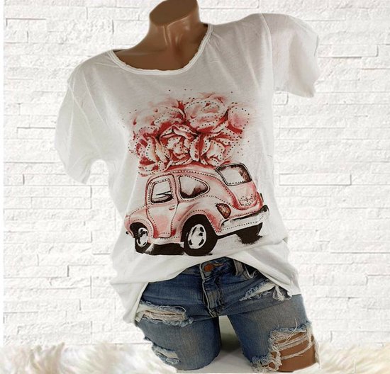 Katoenen t-shirt met print rozen auto studs made in Italy kleur wit maat S 34 36