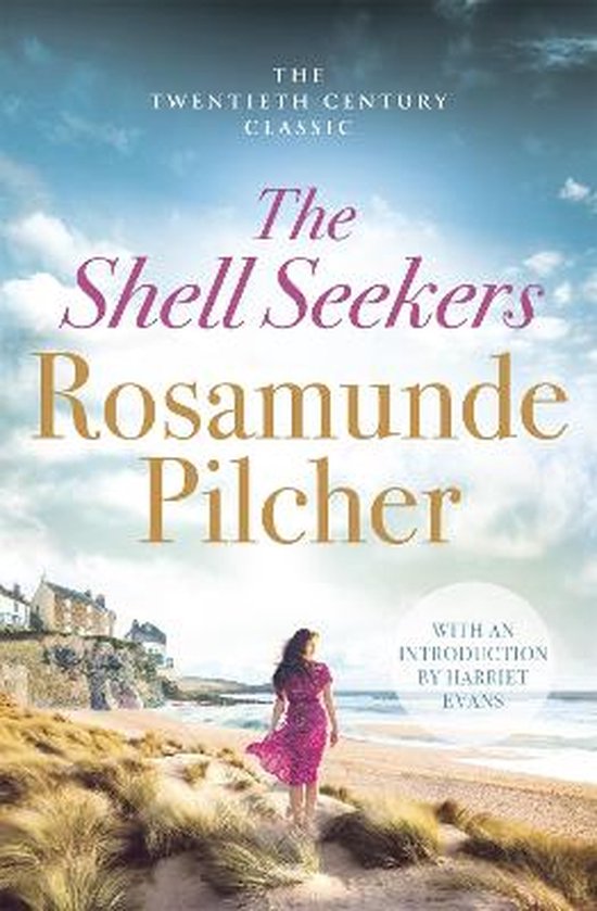 Boek "The Shell Seekers" met op de omslag een vrouw in een roze jurk op een strand, met op de achtergrond een kustplaatsje.
