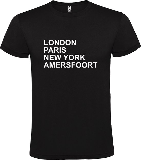Zwart t-shirt met " London, Paris , New York, Amersfoort " print Wit size XS