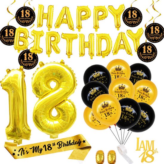 Décoration d'anniversaire pour 18 ans - Noir-doré - Avec bannière