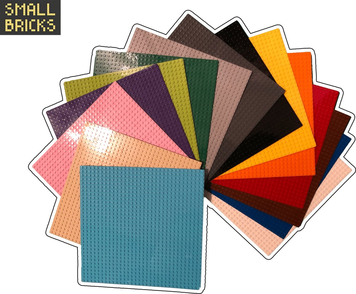 Set van 15 bouwplaten / grondplaten 32x32 noppen, 25cm x 25cm | Lichtgrijs, Donkergrijs, Limegroen, Groen, Rood, Blauw, Wit, Tan, Lichtblauw, Roze, Paars, Oranje, Geel, Zwart, Bruin | Geschikt voor LEGO | SmallBricks