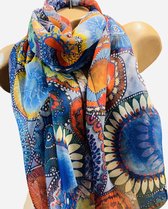 Dames lange dunne sjaal met print 180/75cm blauw/oranje