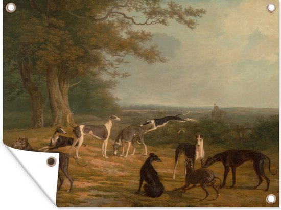 Tuin decoratie Nine greyhounds in a landscape - schilderij van Jacques Laurent Agasse - 40x30 cm - Tuindoek - Buitenposter