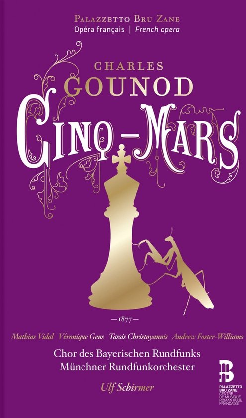 Gouden koningschesser met gebogen gebogen mantis, getiteld 'Charles Gounod Cinq-Mars'.