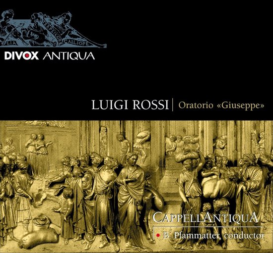 Albumhoes voor LUIGI ROSSI - Oratorio «Giuseppe». Gouden reliëf van figuren in antieke kledij.