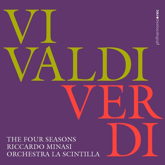 CD hoes met grote letters: VIVALDI VERDI. Hieronder tekst: THE FOUR SEASONS, RICCARDO MINASI, ORCHESTRA LA SCINTILLA.