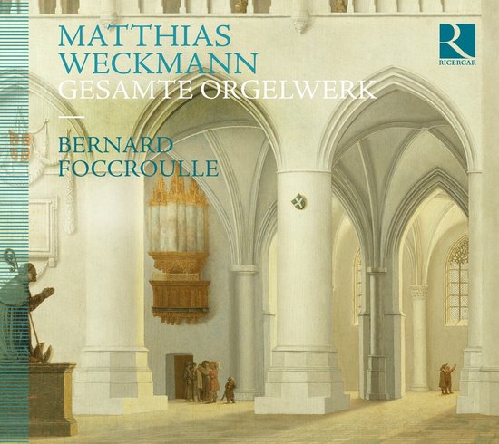 Albumhoes met schilderij van een kerkinterieur, orgel, en tekst 'MATTHIAS WECKMANN GESAMTE ORGELWERK BERNARD FOCROULLE'.