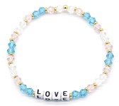 Armband Dames - Glaskralen LOVE - Elastisch - Multi en Blauw
