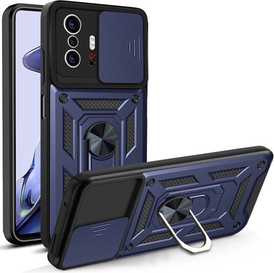 Étui bleu avec protection caméra coulissante et anneau de support.