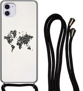 Coque avec cordon iPhone 11 - Carte du Wereldkaart - Chiffres - Zwart - Siliconen - Bandoulière - Coque arrière avec cordon - Coque pour téléphone avec cordon - Coque avec corde