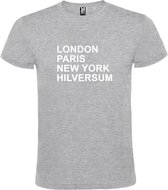 Grijs t-shirt met " London, Paris , New York, Hilversum " print Wit size L
